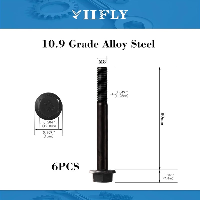 YIIFLY M8 x 80mm Flanged Hex Head Bolts Flange Hexagon Screws, M8x1.25 Bolt, 10.9 Grade Alloy Steel, Hexagon Head Bolts, Black Zinc Finish, Half Thread,Quantity 6 - Image 3